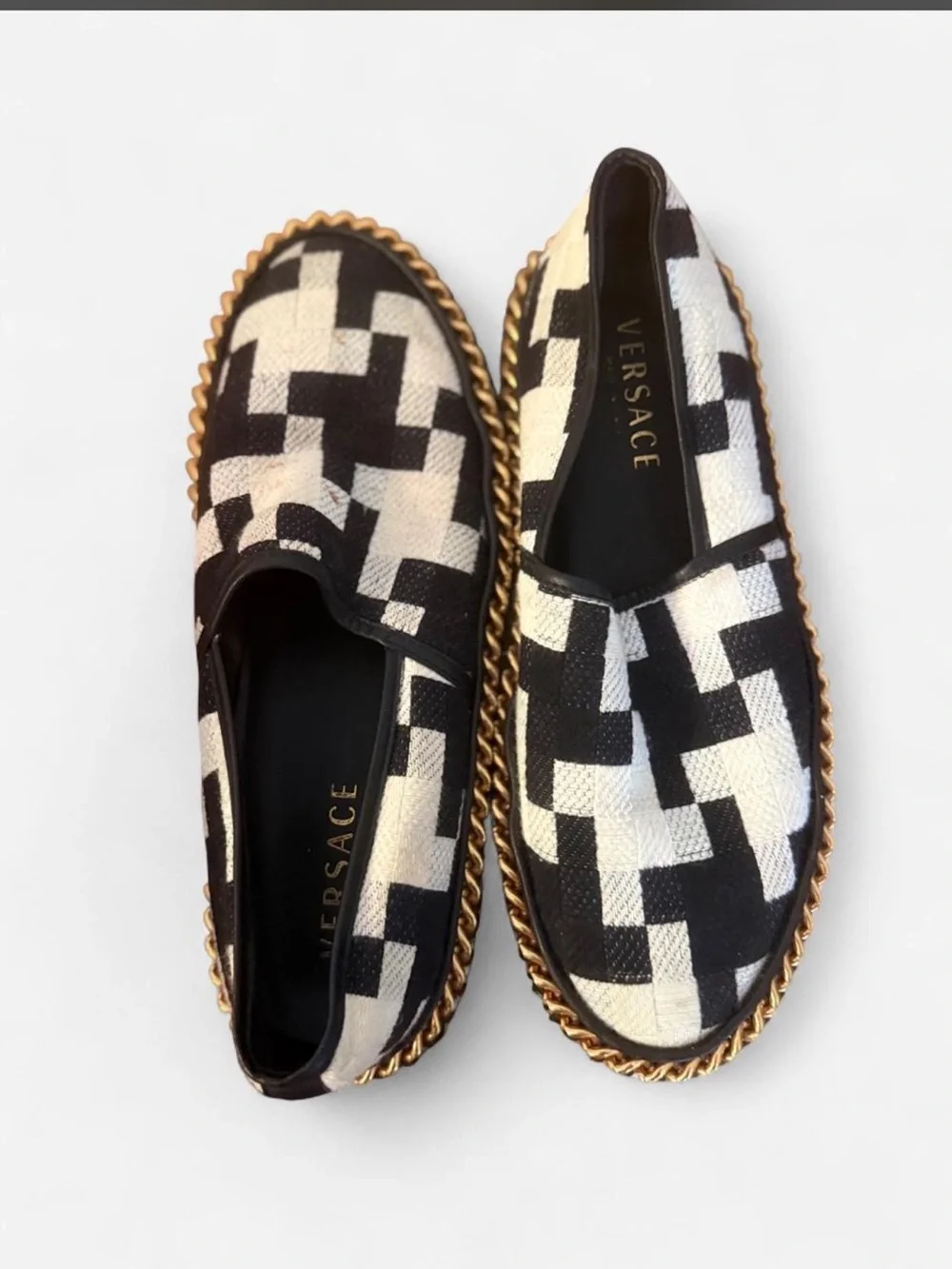 Versace Black and White Chain-Trim Slip-On Flats